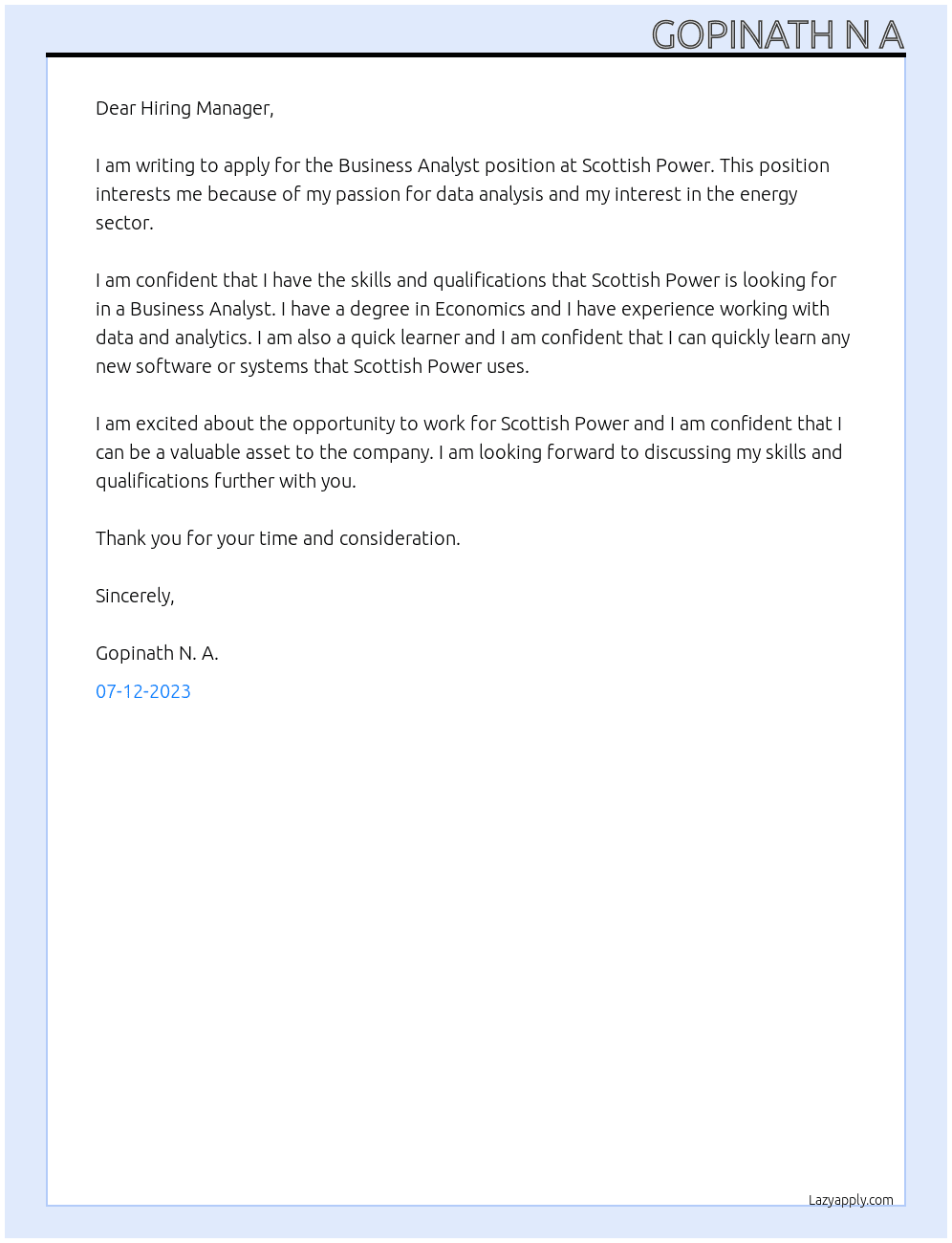 Business Analyst At Scottish Power Cover Letter