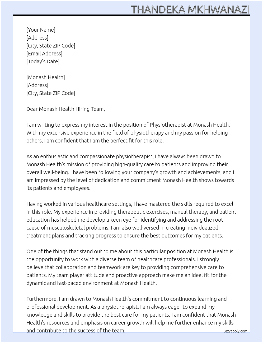 Physiotherapist At Monash Health Cover Letter