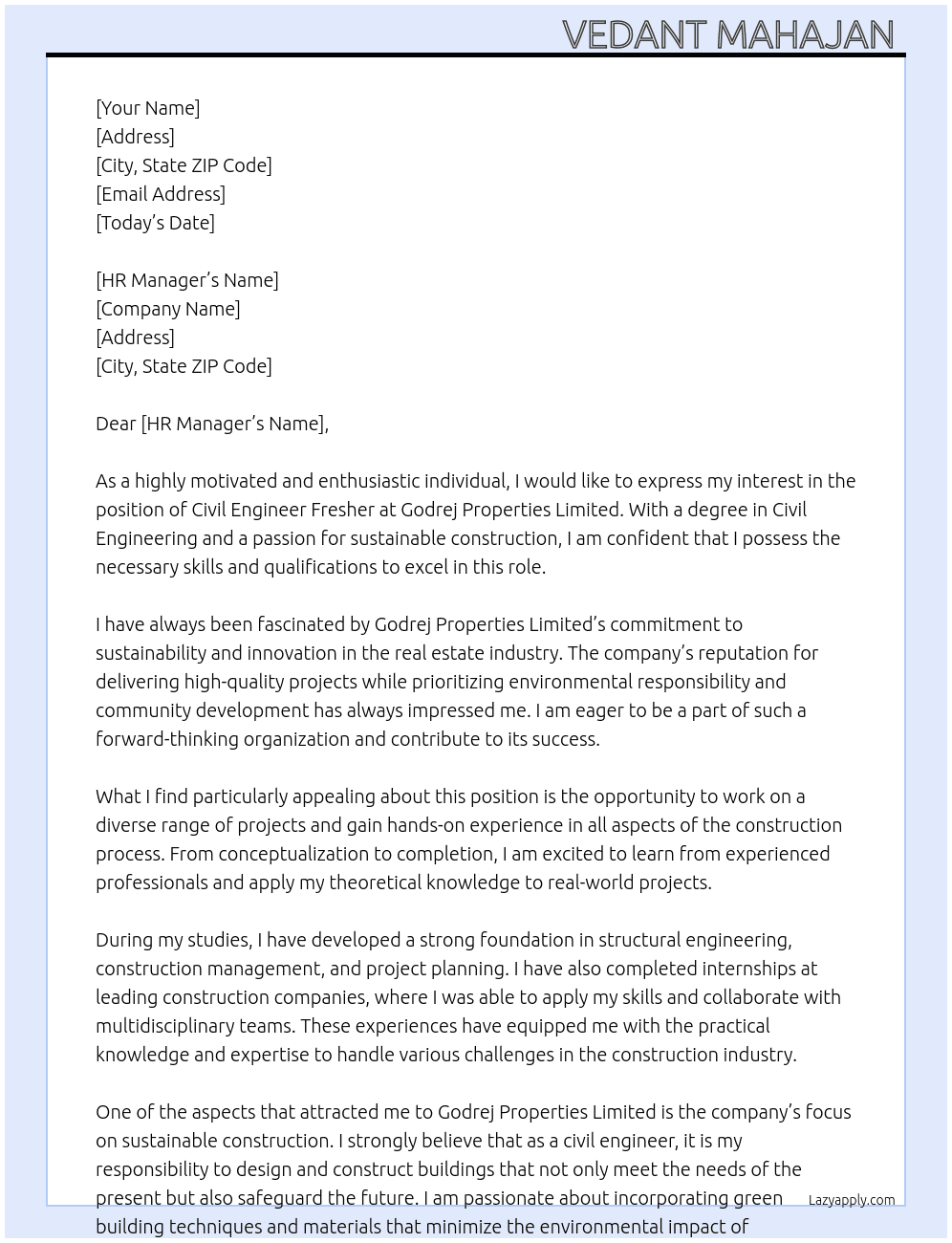 Civil engineer fresher  At Godrej properties limited  Cover Letter