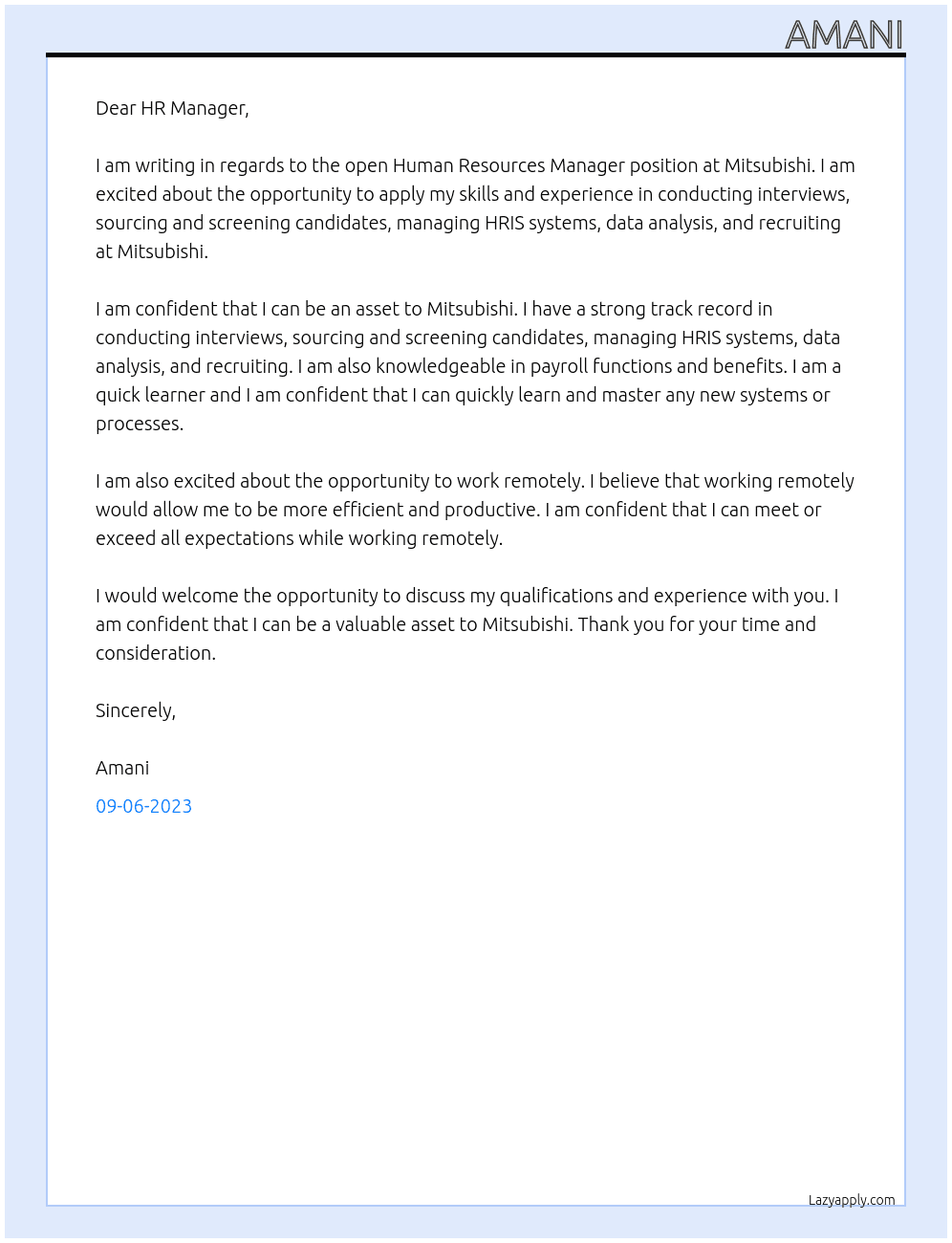 Human Resources Manager At Mitsubishi Cover Letter