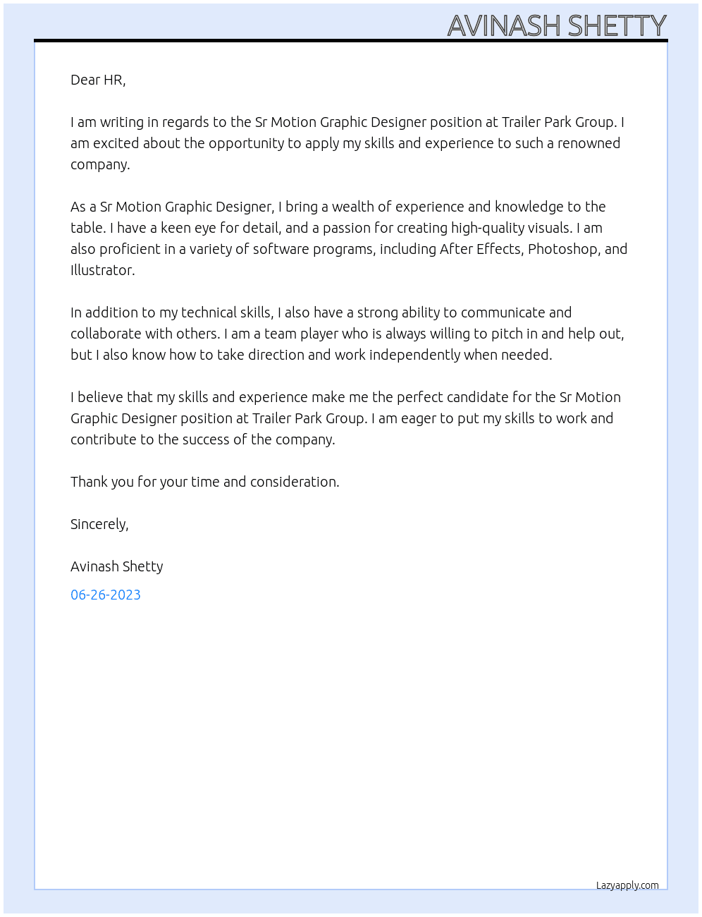 Sr motion graphic designer  At Trailer Park Group Cover Letter