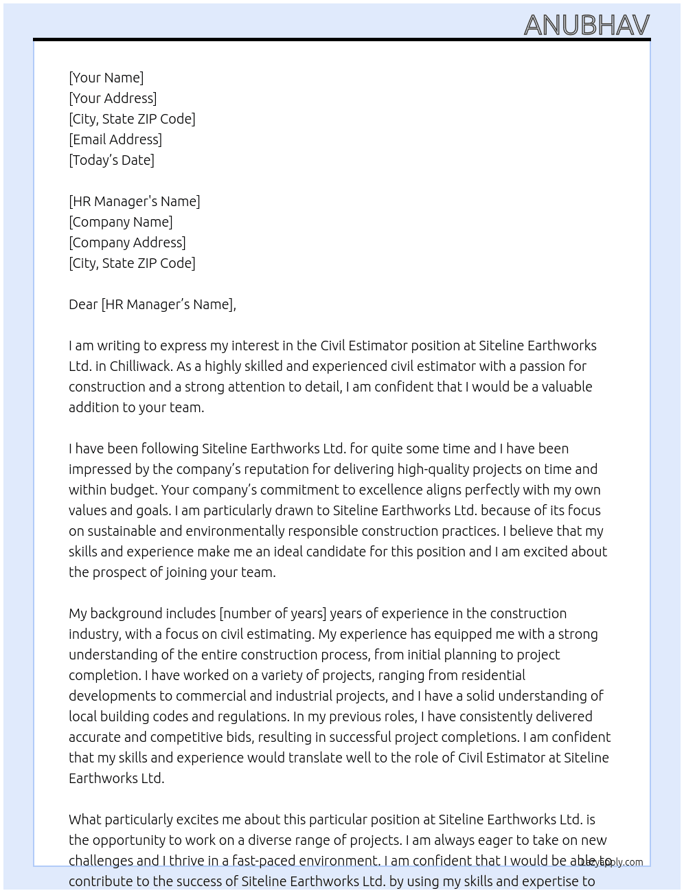 Civil Estimator At Siteline Earthworks Ltd. Cover Letter