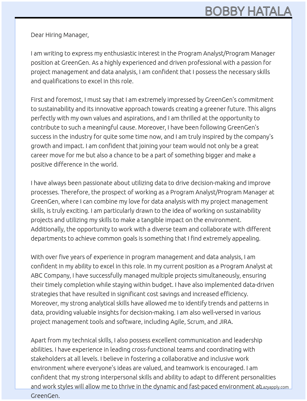 Program Analyst/Program Manager At GreenGen Cover Letter