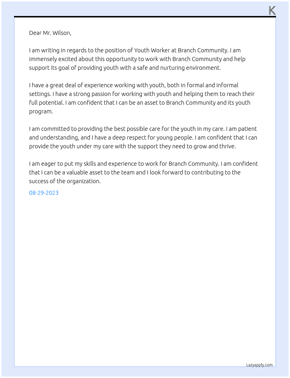 Youth Worker At Branch comunity Cover Letter