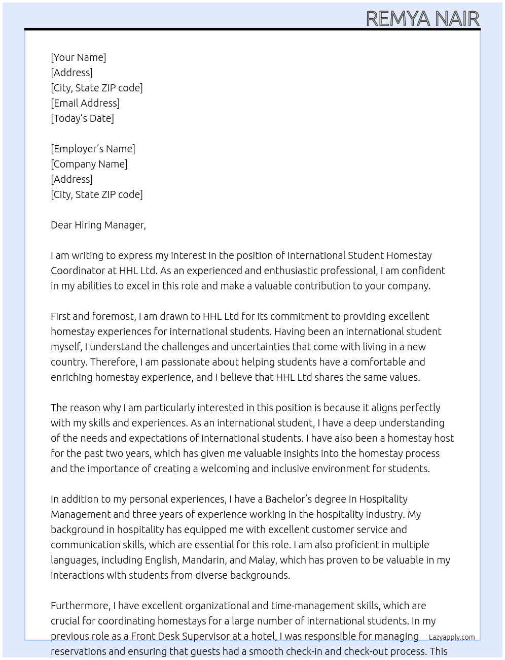 International student homestay coordinator At HHL Ltd Cover Letter