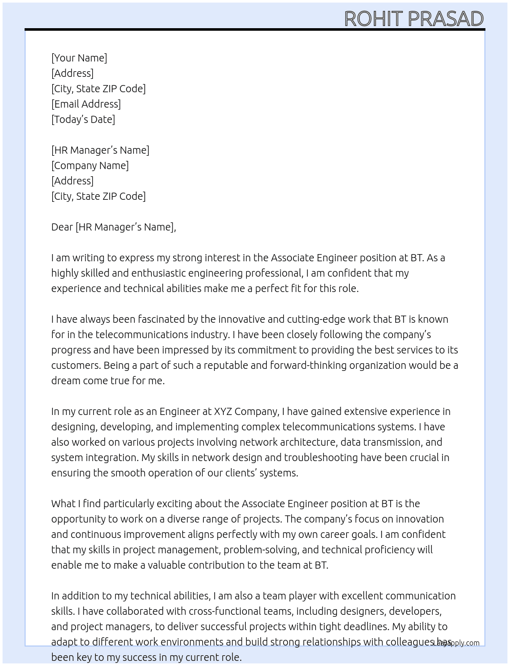 Associate Engineer At BT Cover Letter