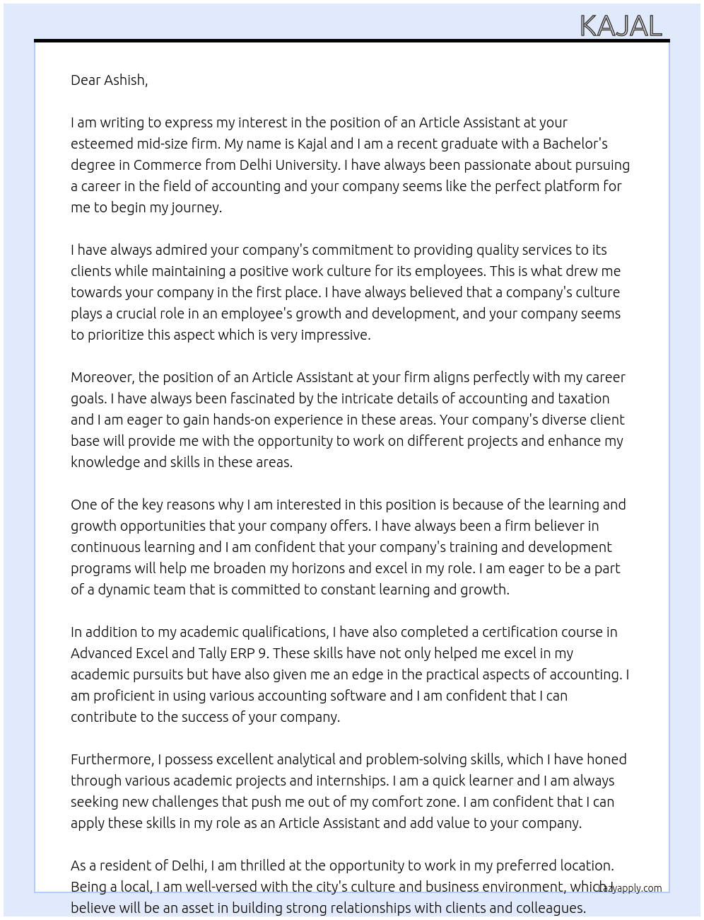 Article Assistant  At Mid size firm Cover Letter