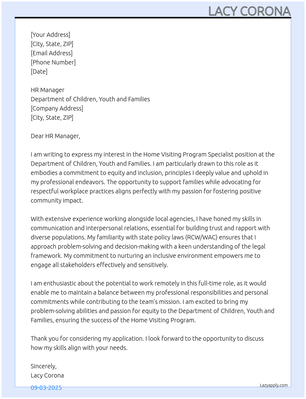 Home Visiting Program Specialist At Department of Children, Youth and Families Cover Letter