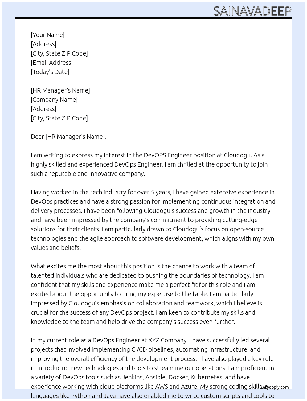 DevOPS Engineer At Cloudogu Cover Letter