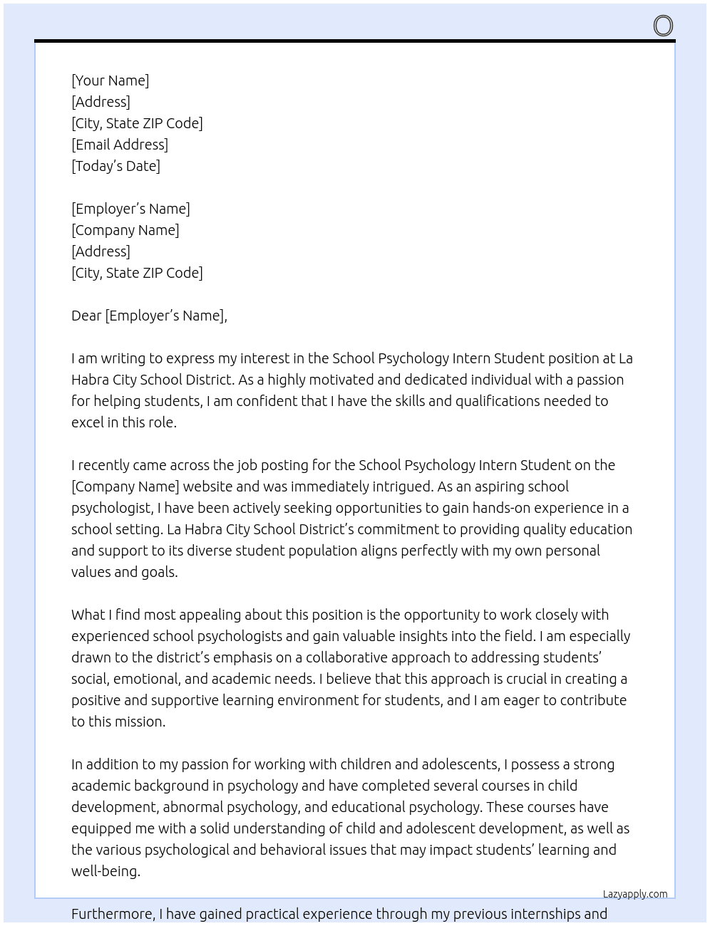 School Psychology Intern Student At La Habra City School District Cover Letter