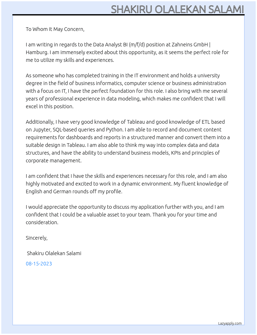 Data Analyst BI (m/f/d) At Zahneins GmbH | Hamburg Cover Letter