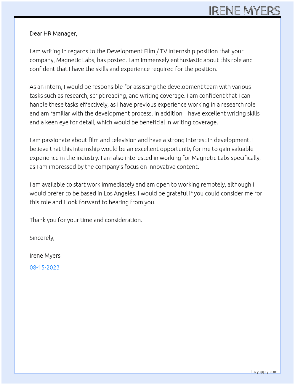 Development Film / TV Internship At Magnetic Labs Cover Letter