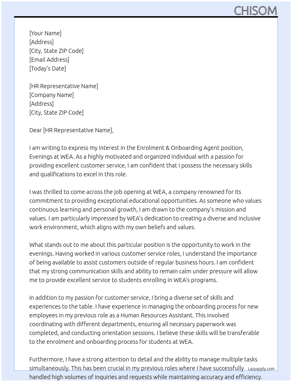 Enrolment & Onboarding Agent, Evenings At WEA Cover Letter