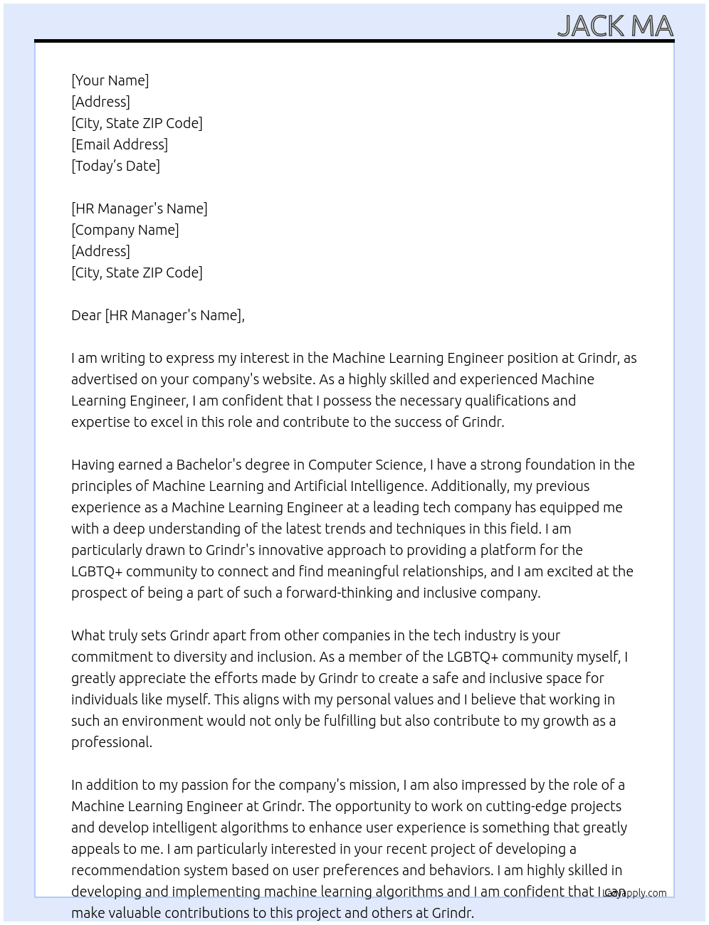 Machine Learning Engineer At Grindr Cover Letter