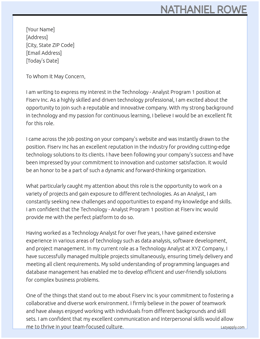 Technology - Analyst Program 1 At Fiserv Inc Cover Letter