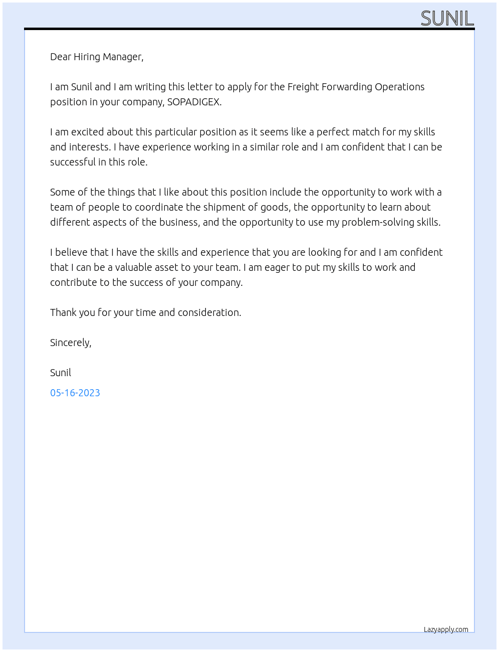 Freight Forwarding Operations  At SOPADIGEX Cover Letter