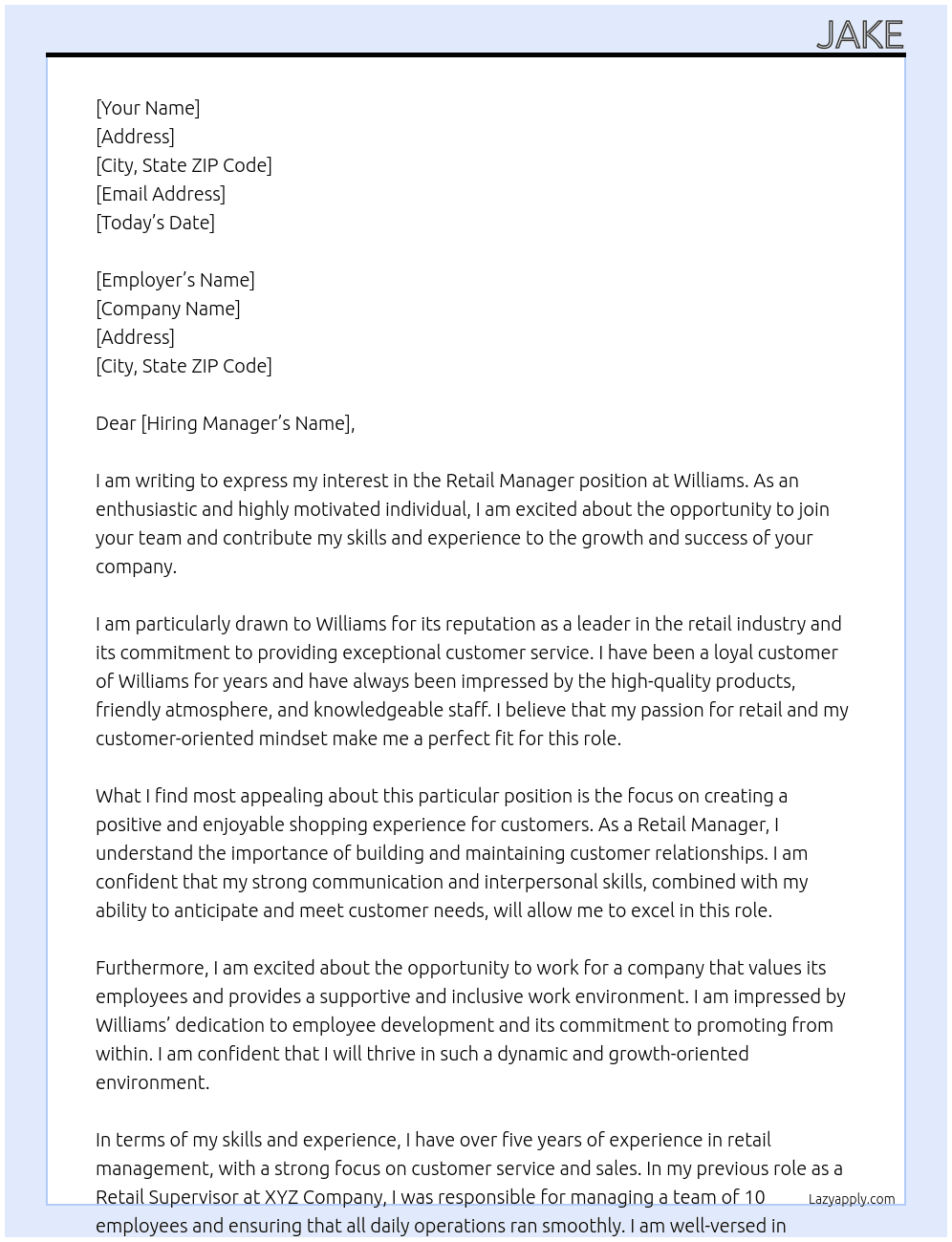 Retail Manager At Williams Cover Letter