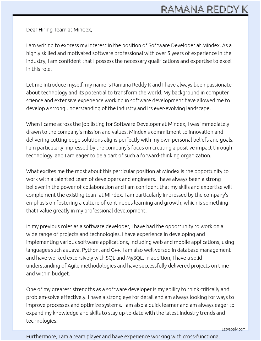 software Developer At mindex Cover Letter