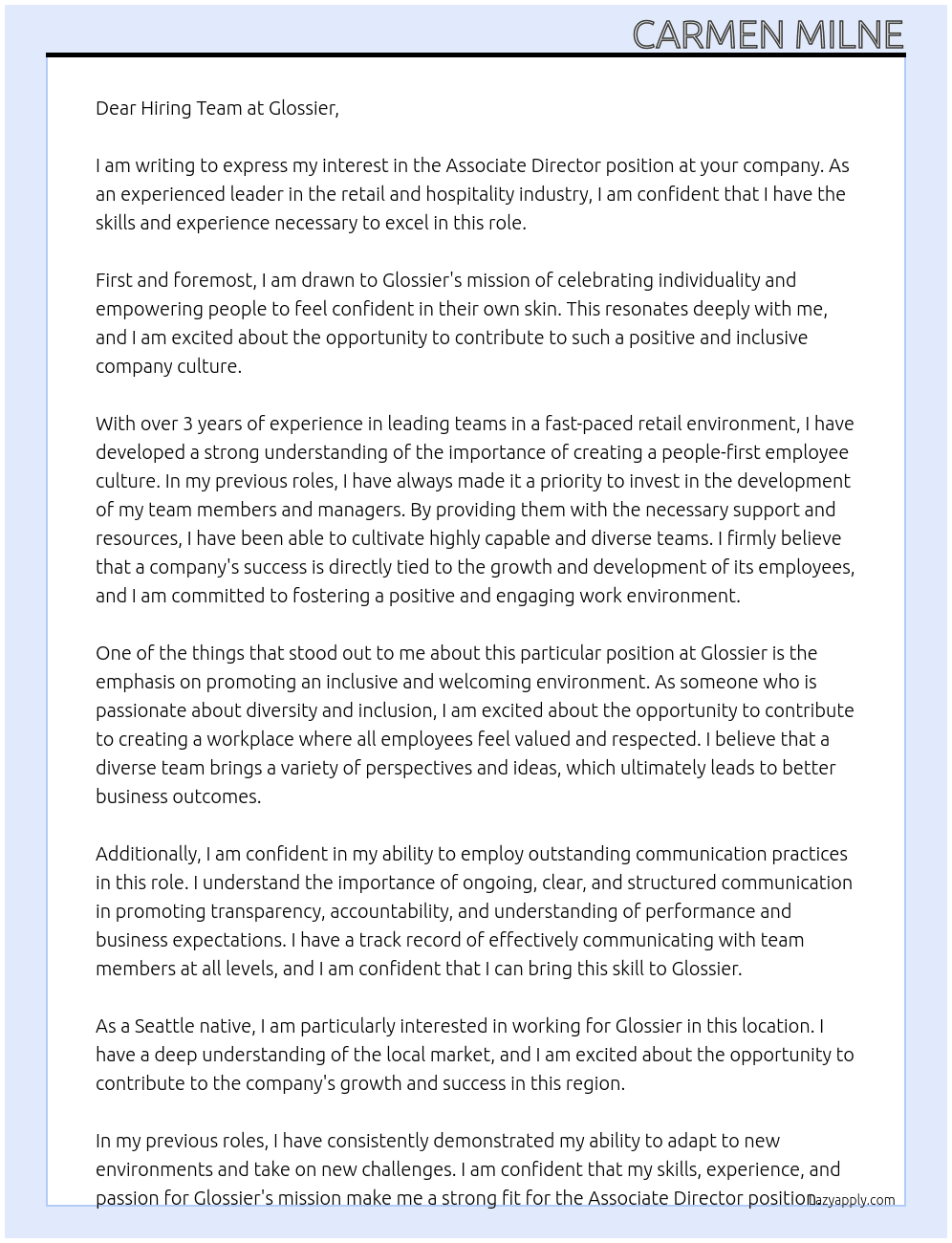 Associate Director  At Glossier Cover Letter