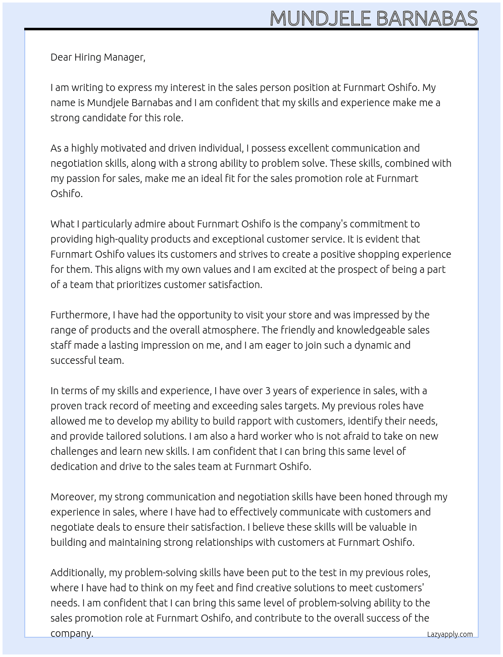 sales person At Furnmart Oshifo Cover Letter