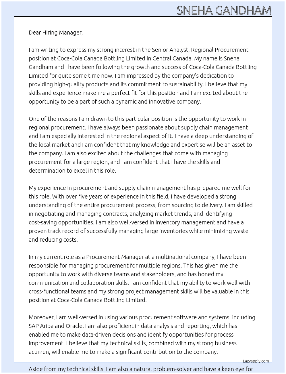 Senior Analyst, Regional Procurement(Central Canada) At Coca-Cola Canada Bottling Limited  Cover Letter