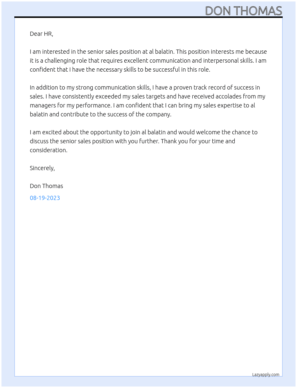 senior sales  At al balatin Cover Letter