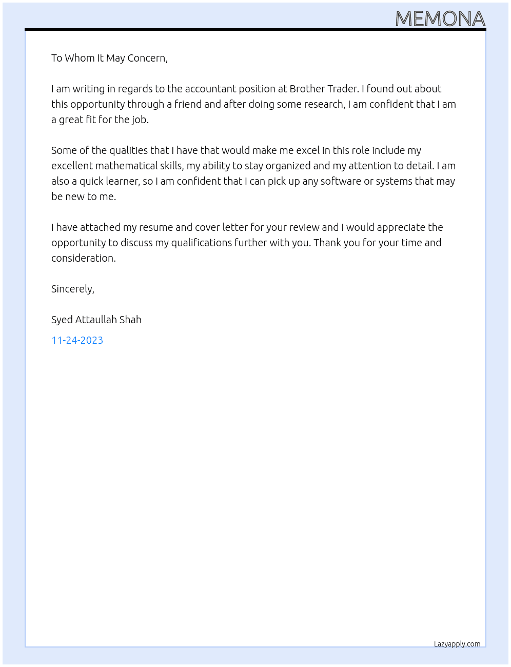 accountant At brother trader Cover Letter