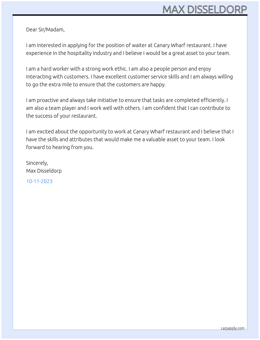 waiter At Canary Wharf restaurant Cover Letter