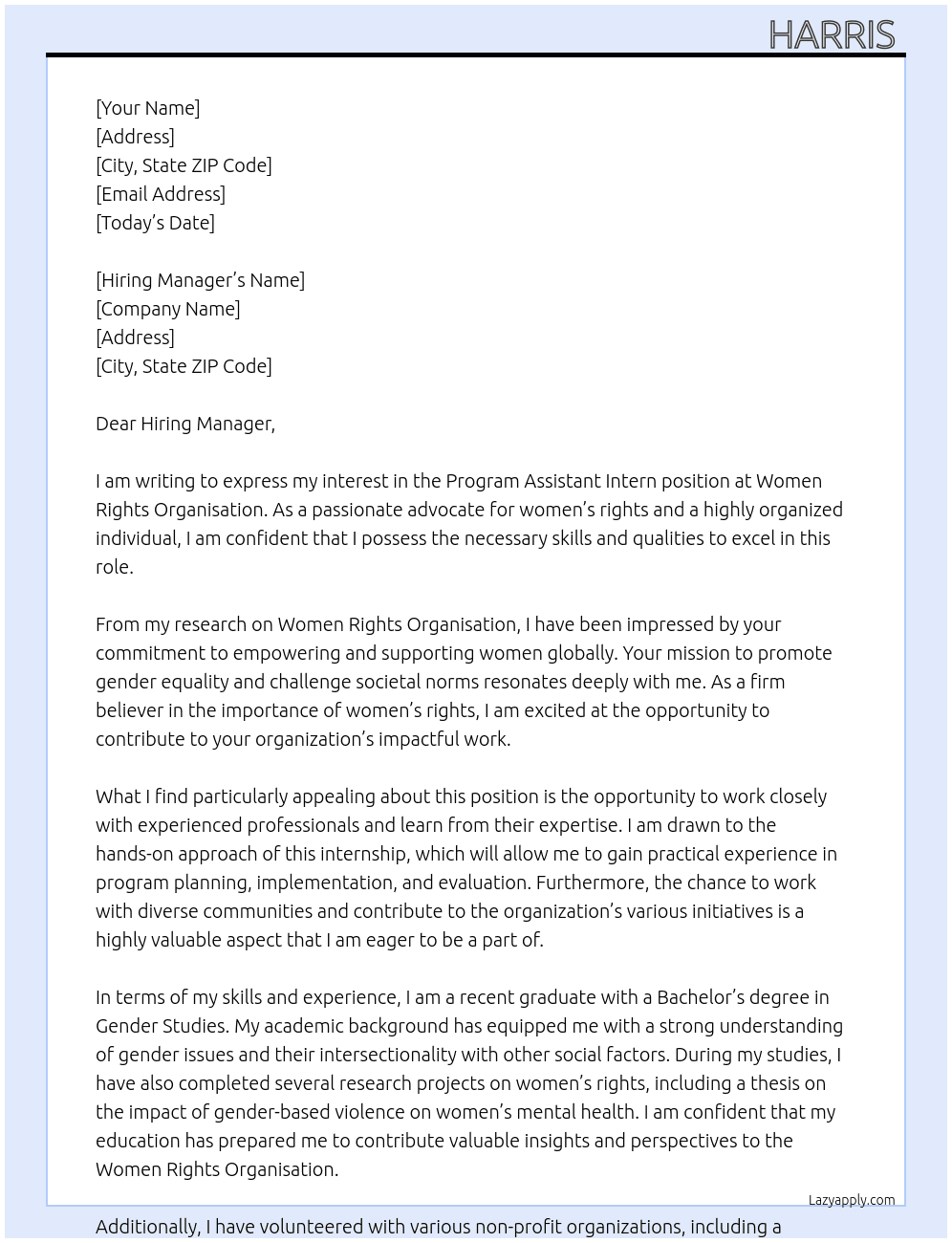 program assistant intern At Women Rights Organisation Cover Letter
