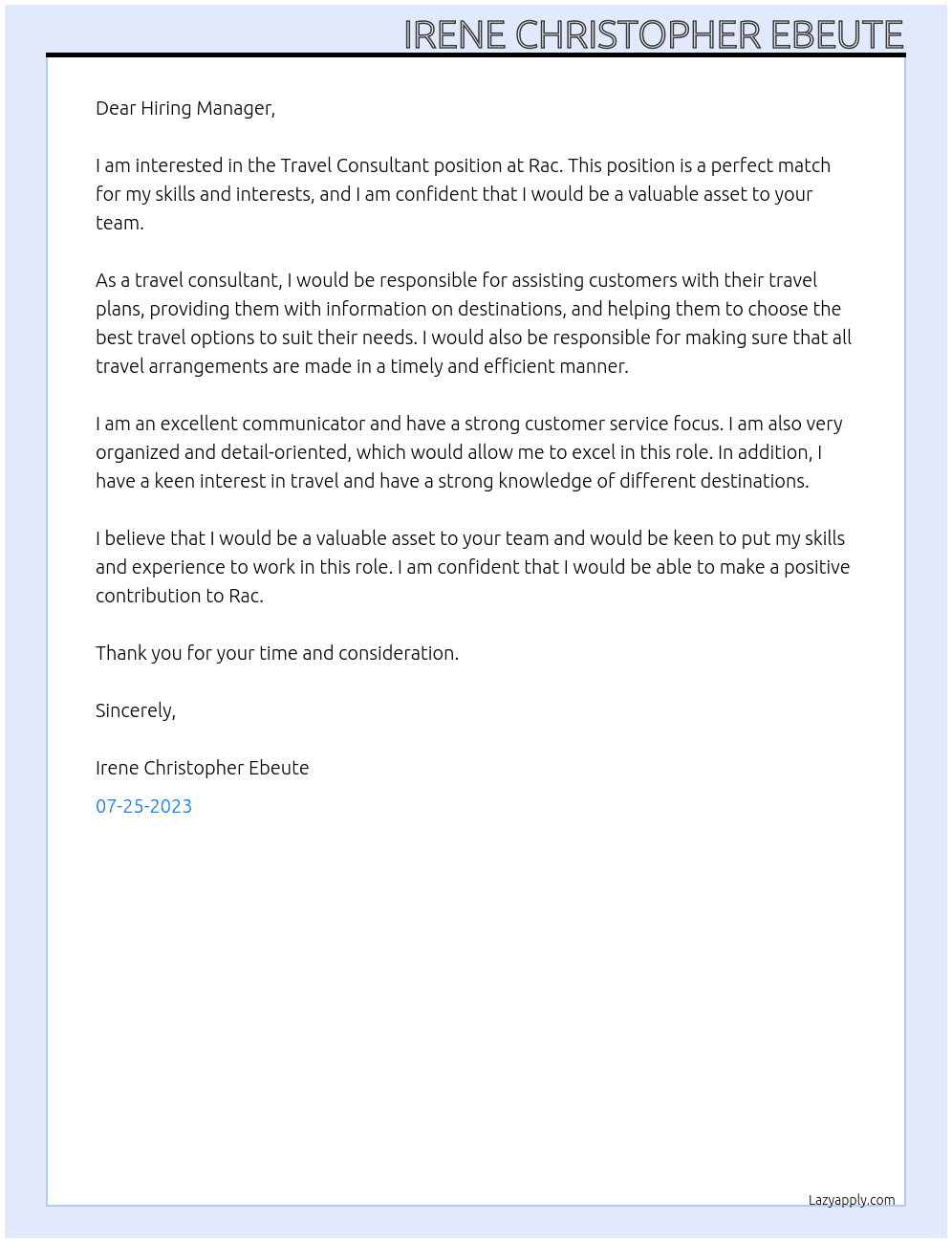 Travel Consultant  At Rac Cover Letter