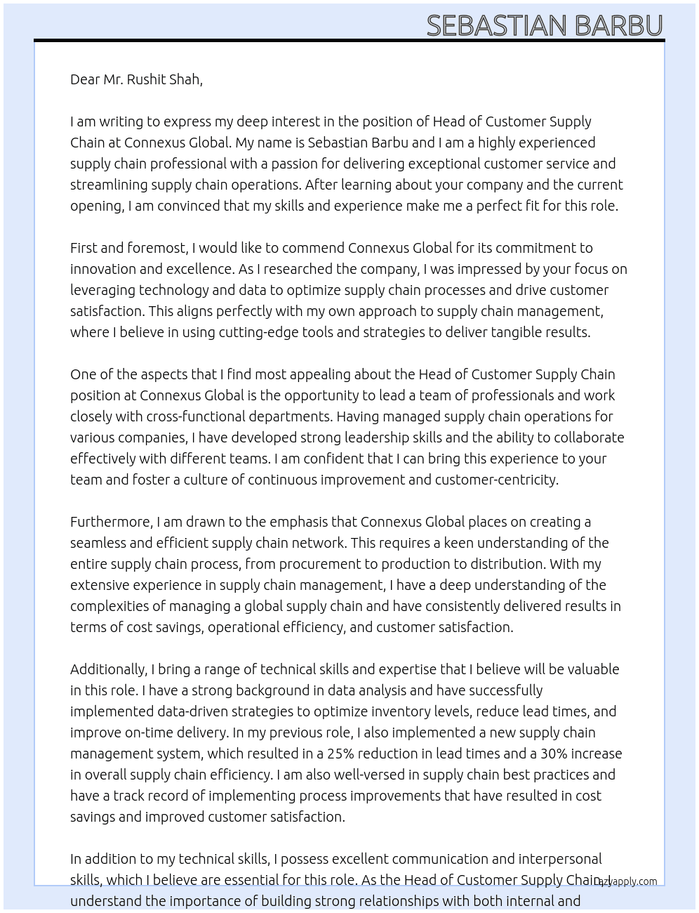 Head of Customer Supply Chain At Connexus Global Cover Letter