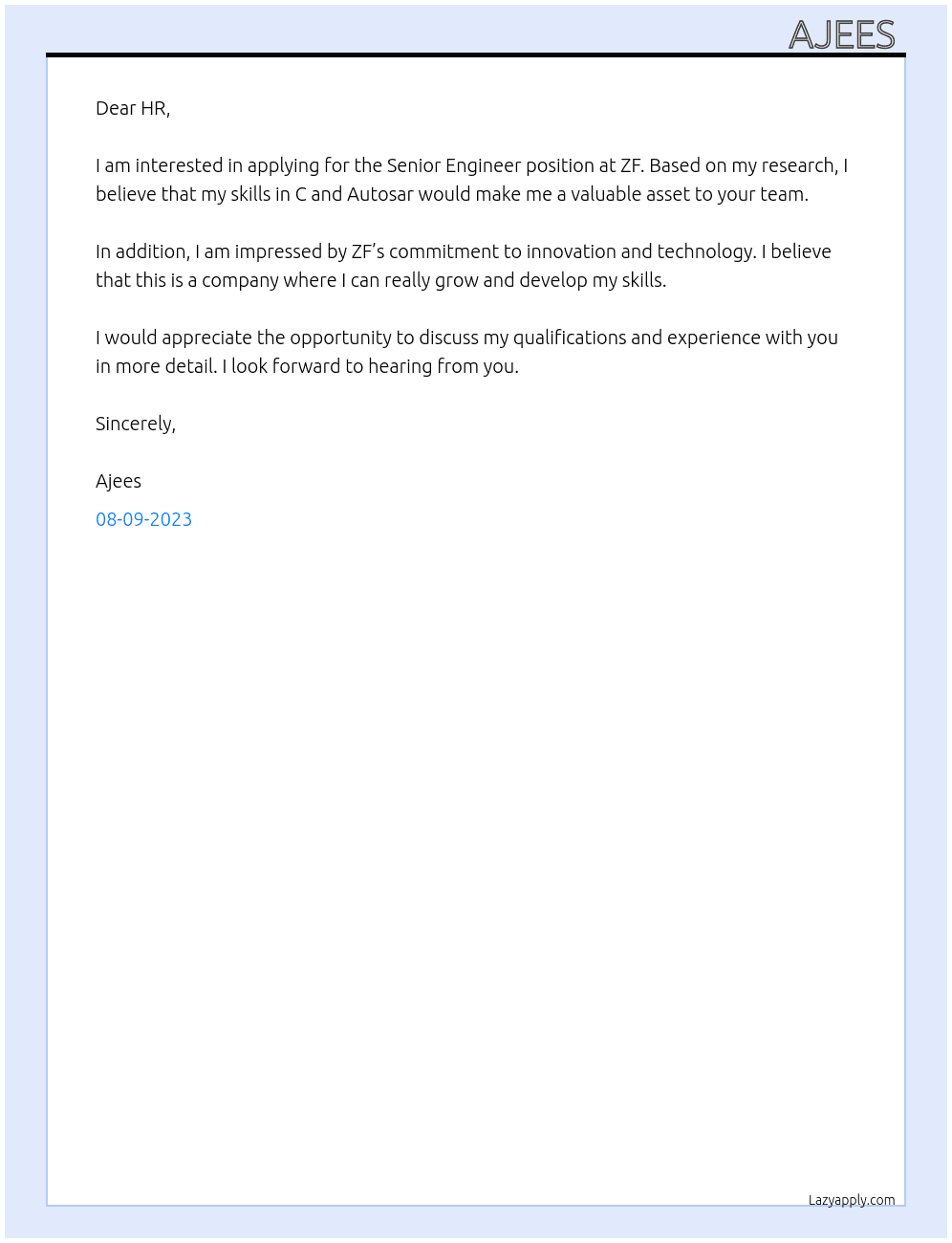 Senior Engineer At ZF Cover Letter