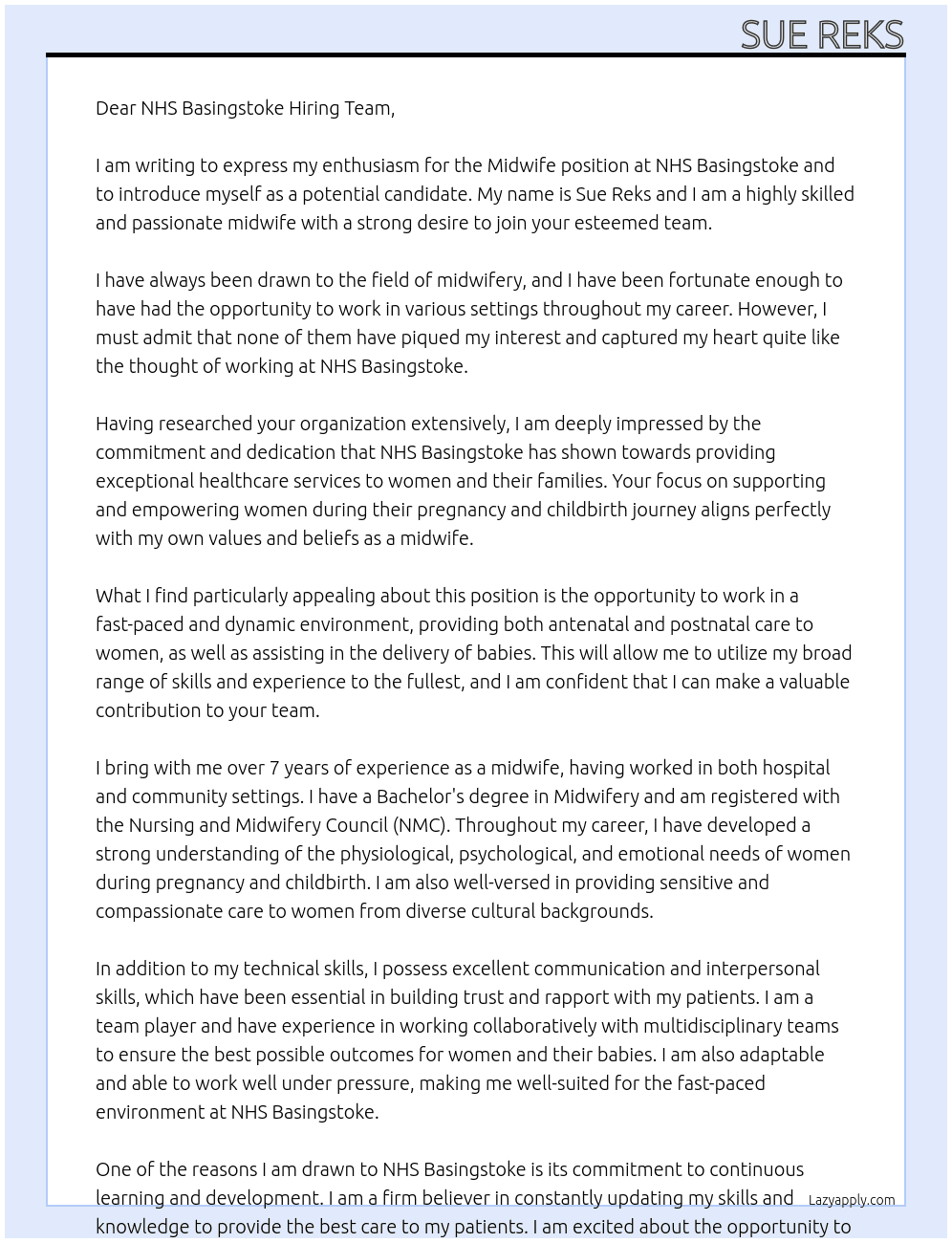 midwife At NHS Basingstoke Cover Letter