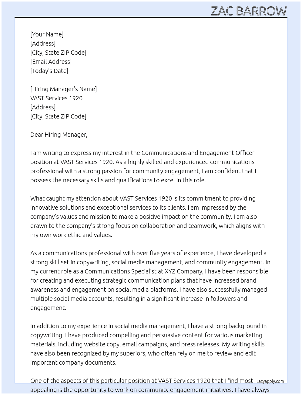 Communications and Engagement Officer At VAST Services 1920 Cover Letter