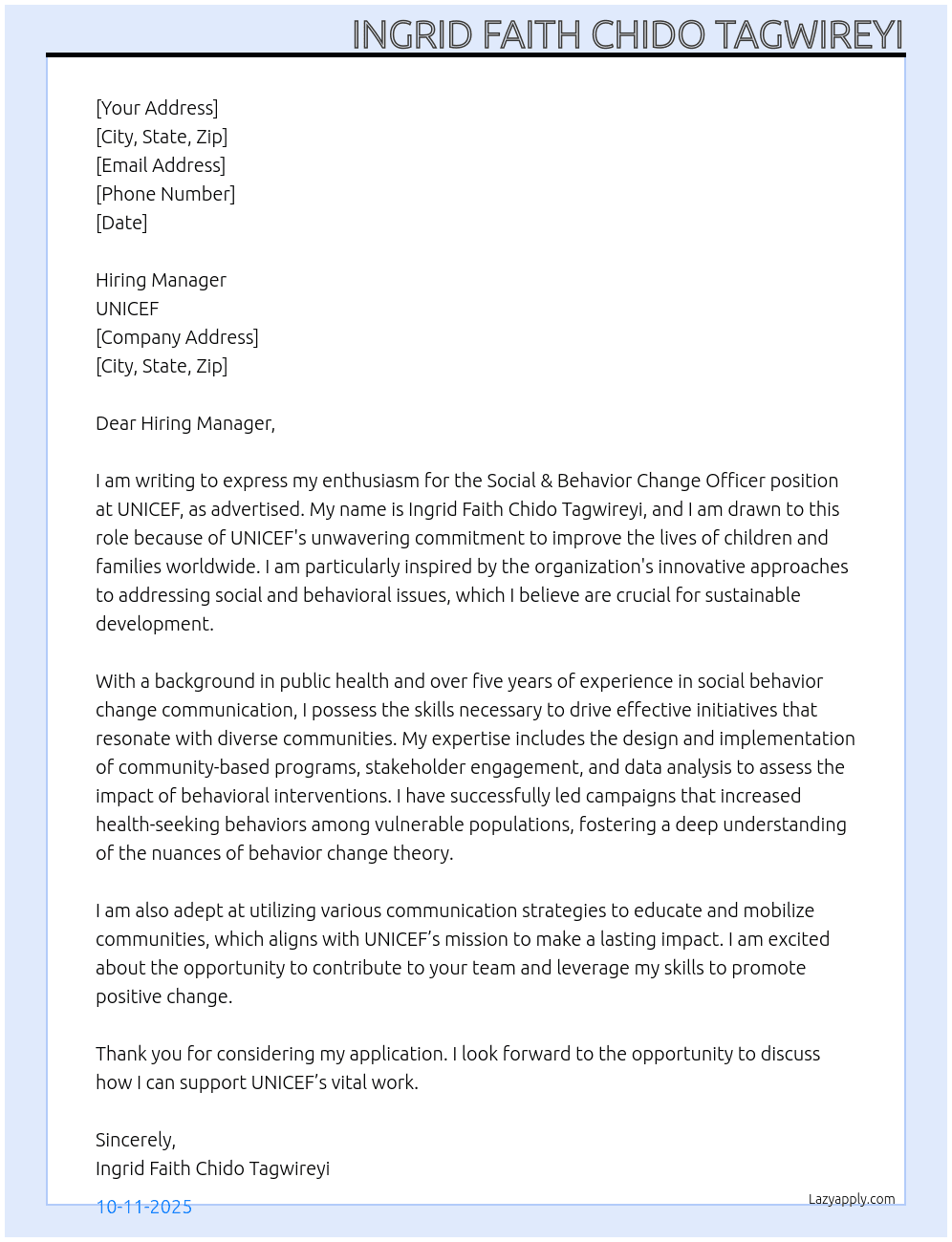 Cover letter for social & behavior change officer - LazyApply