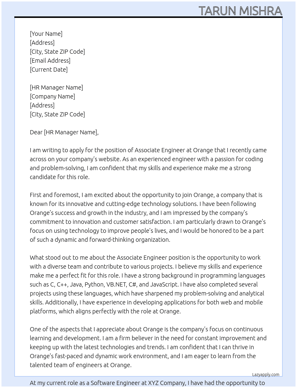 Associate Engineer At Oange Cover Letter