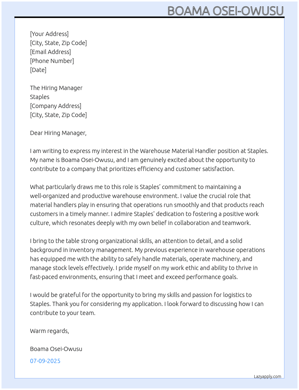 Warehouse material handler At Staples Cover Letter