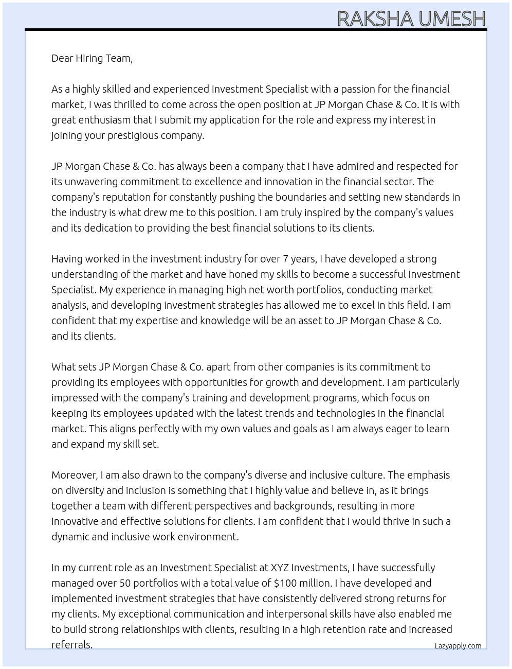 Investment Specialist  At JP Morgan Chase & Co. Cover Letter