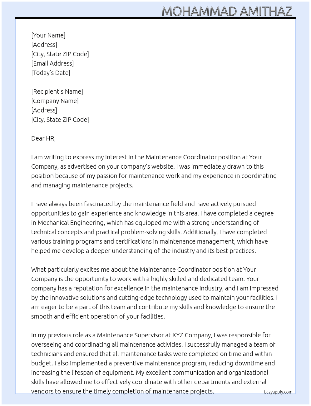 Maintenance Cordinator  At Your company  Cover Letter