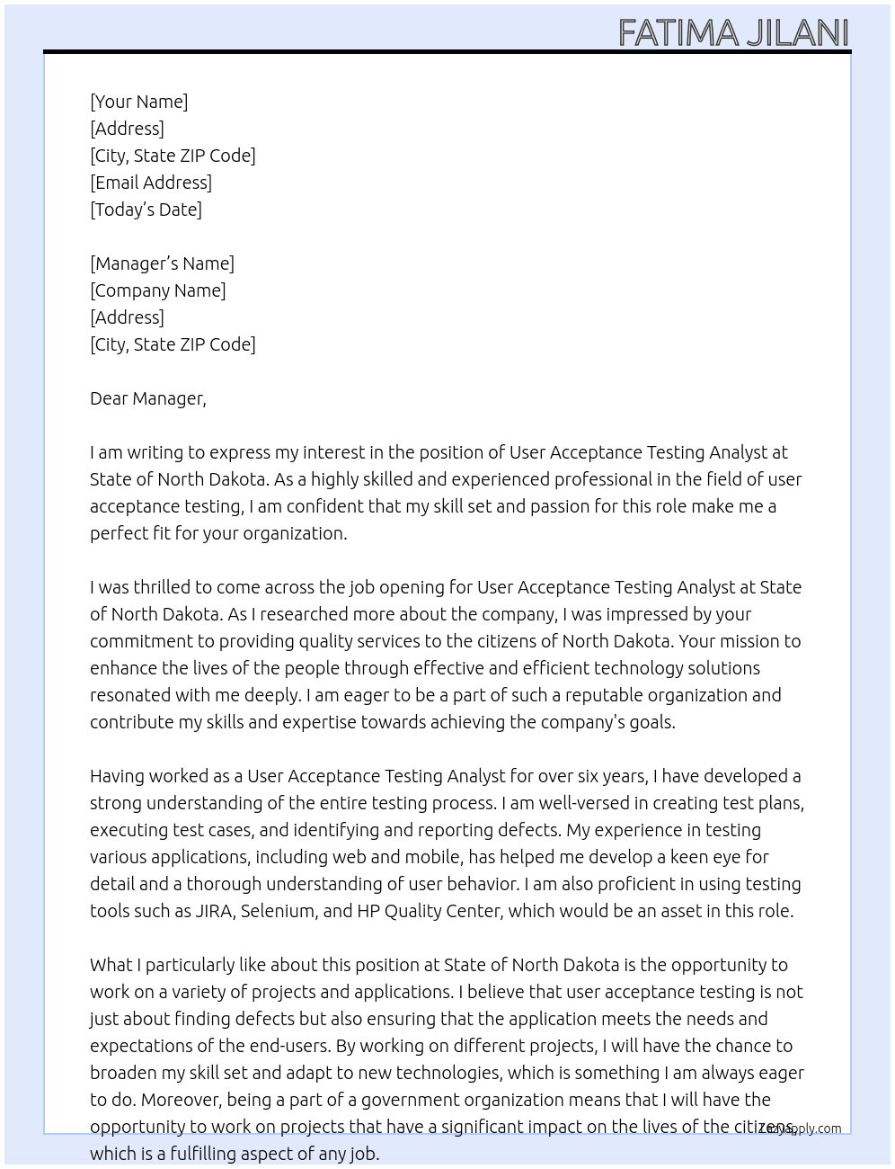 User Acceptance Testing Analyst At State of North Dakota Cover Letter