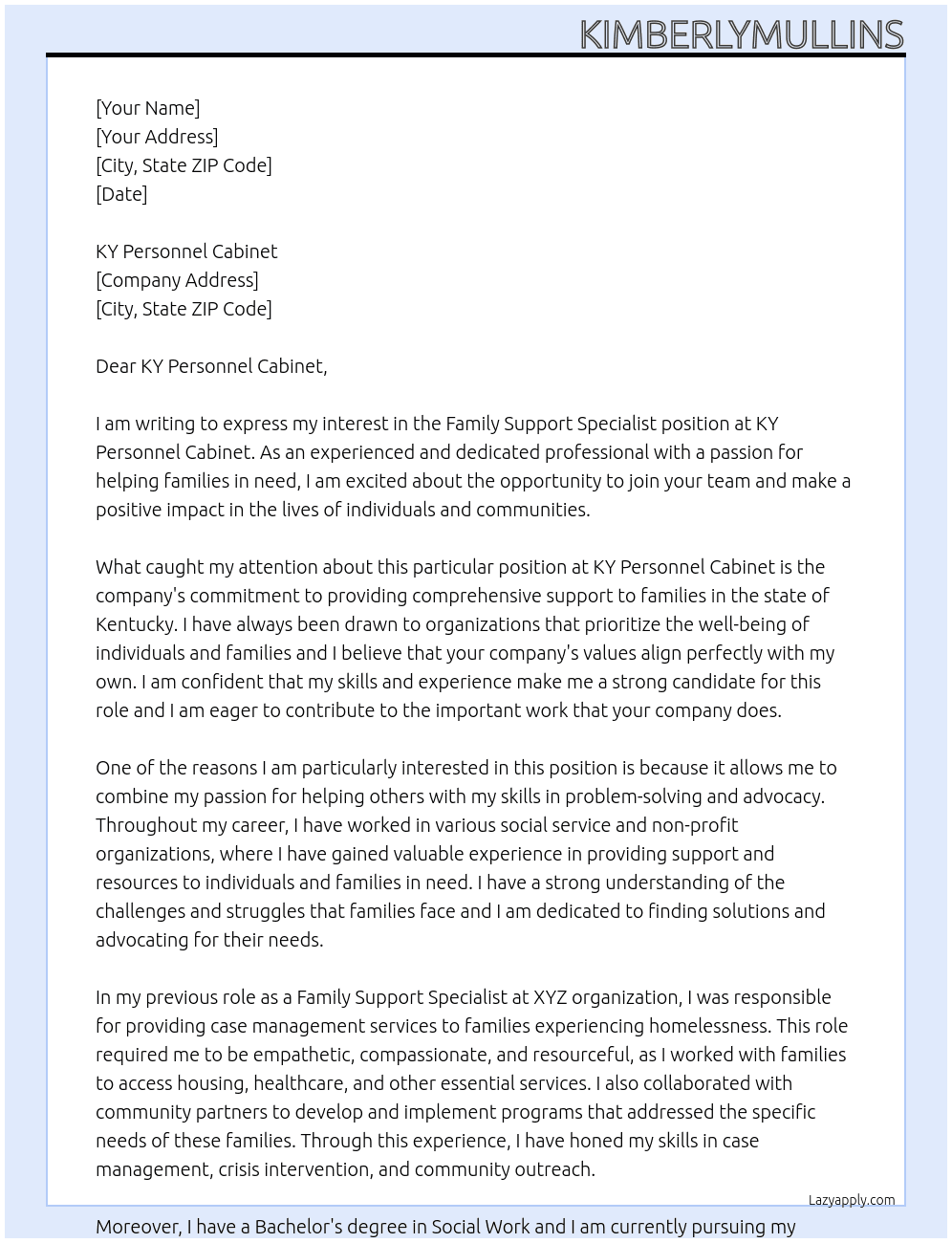 FAMILY SUPPORT SPECIALIST At KY PERSONNEL CABINET Cover Letter