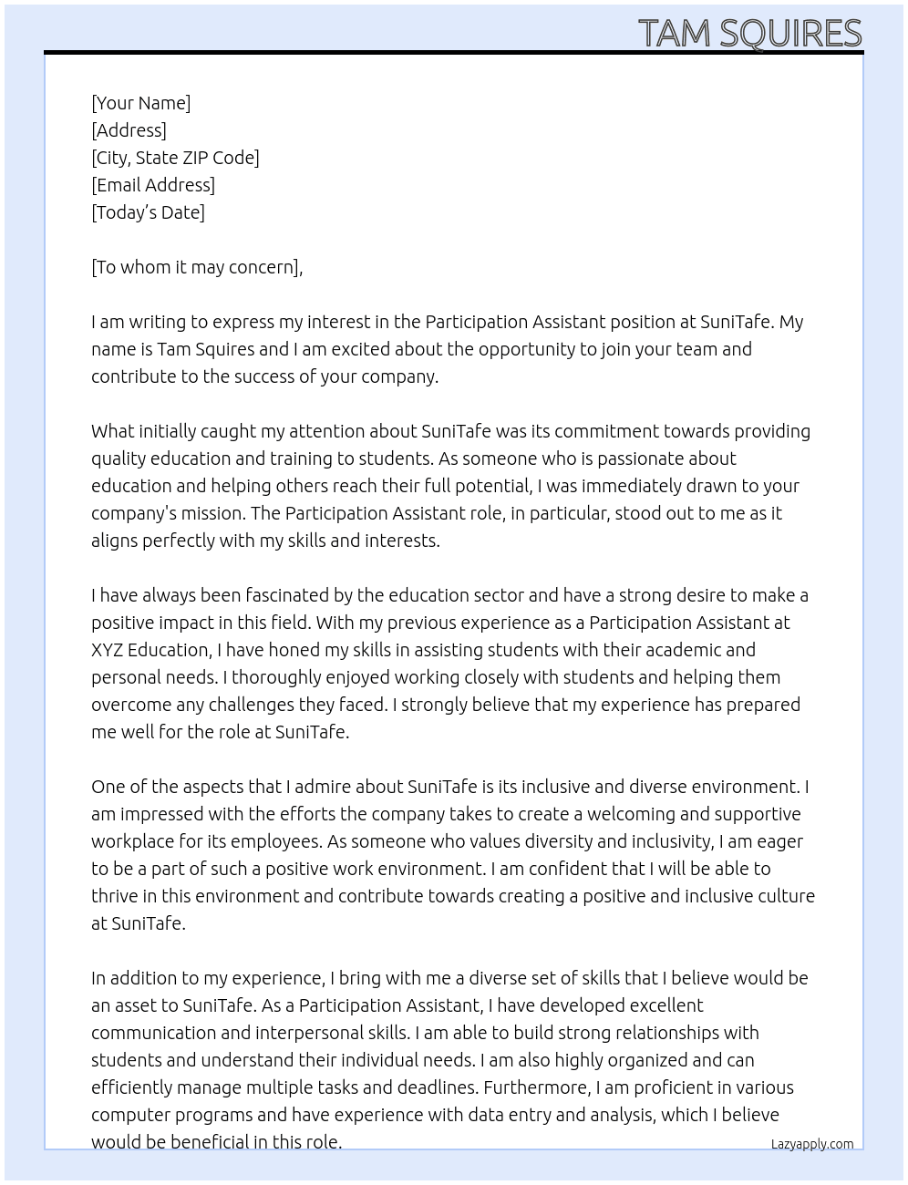 Participation Assistant At SuniTafe Cover Letter