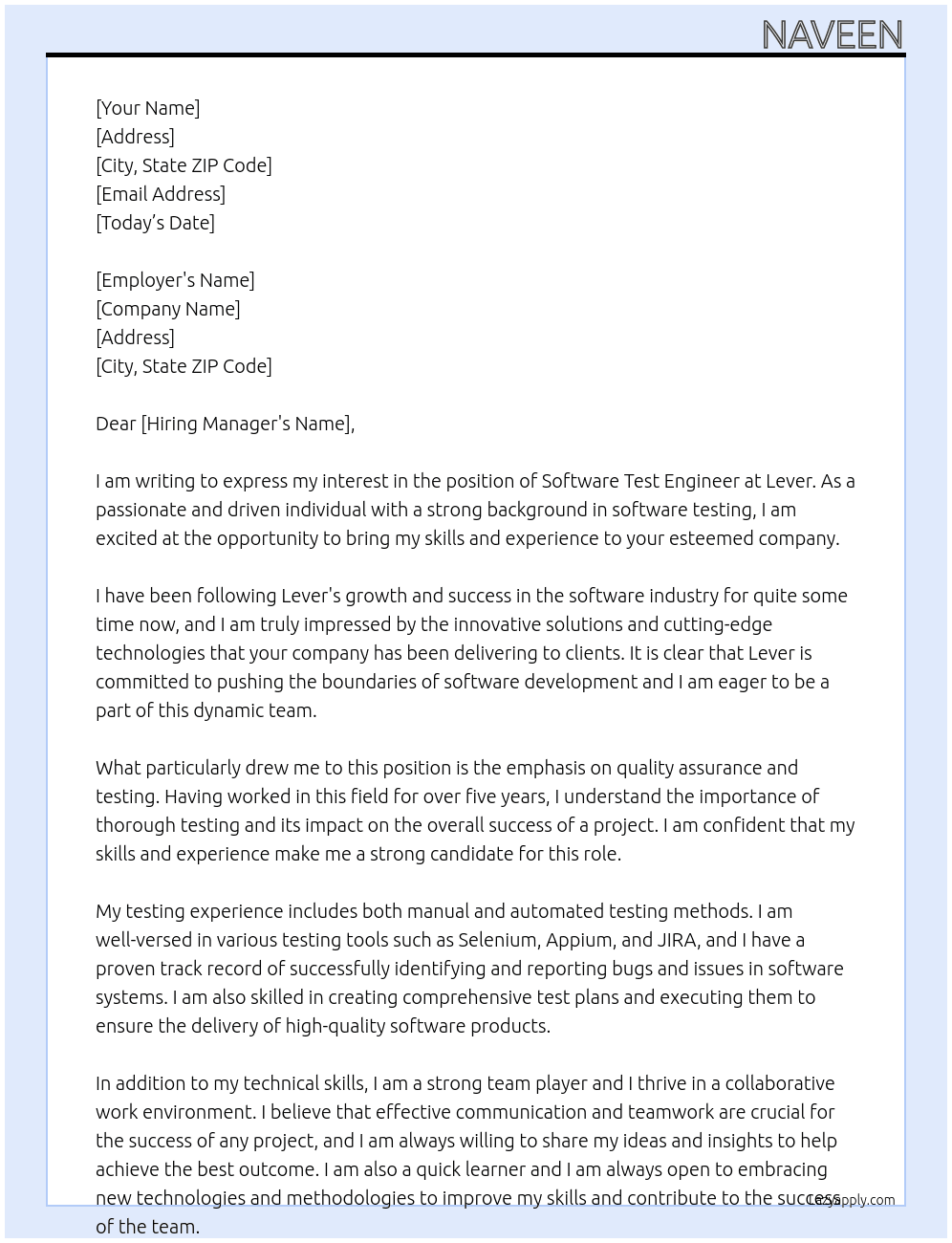 Software test engineer  At Lever Cover Letter