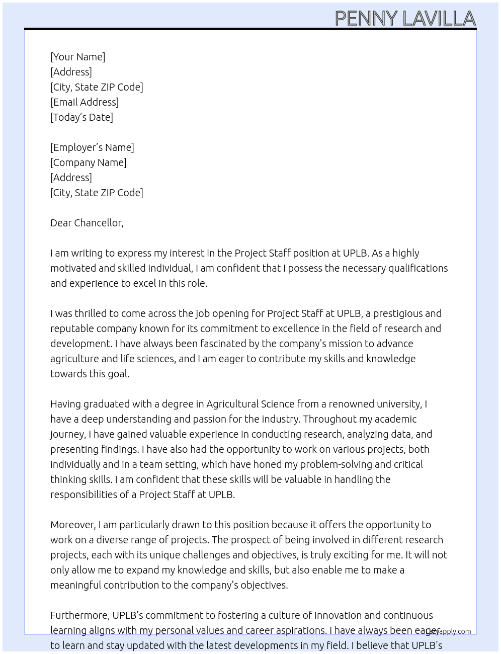 Project Staff At UPLB Cover Letter