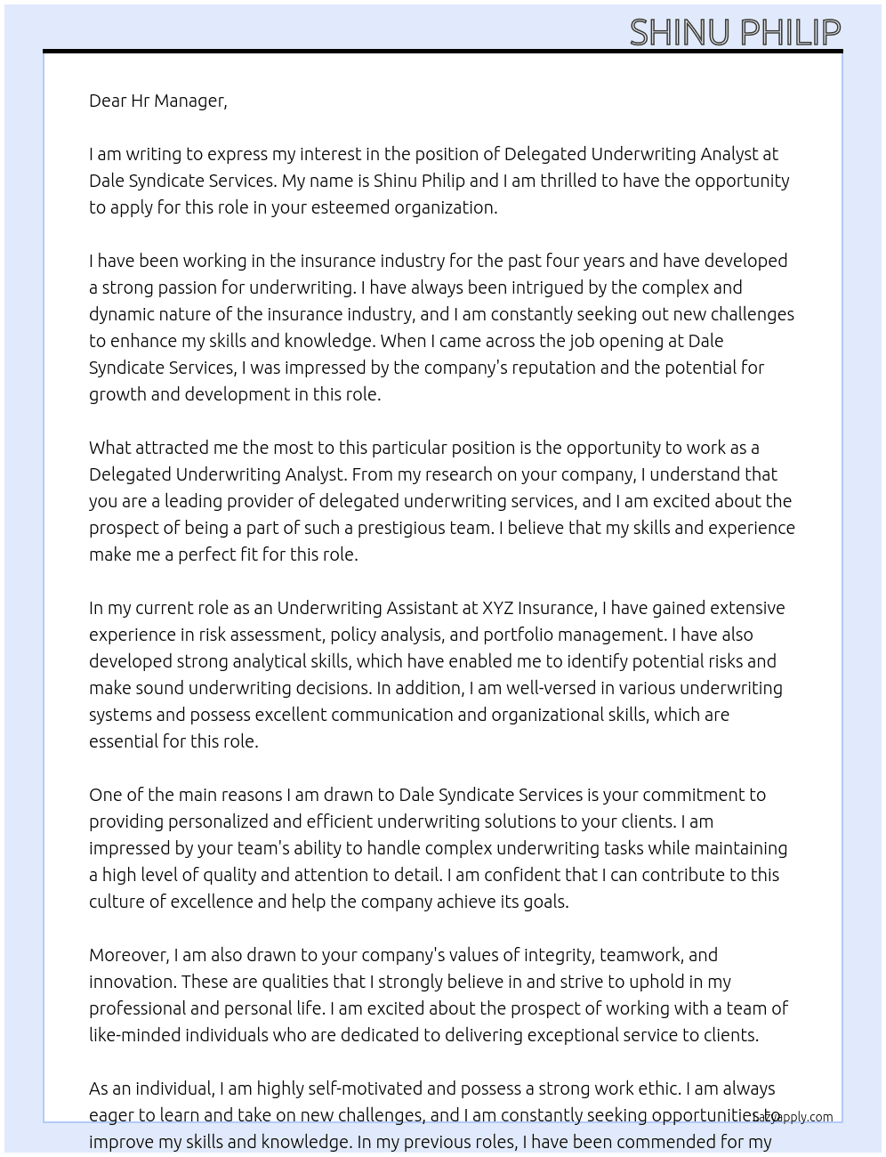 Delegated Underwriting Analyst At Dale Syndicate services Cover Letter