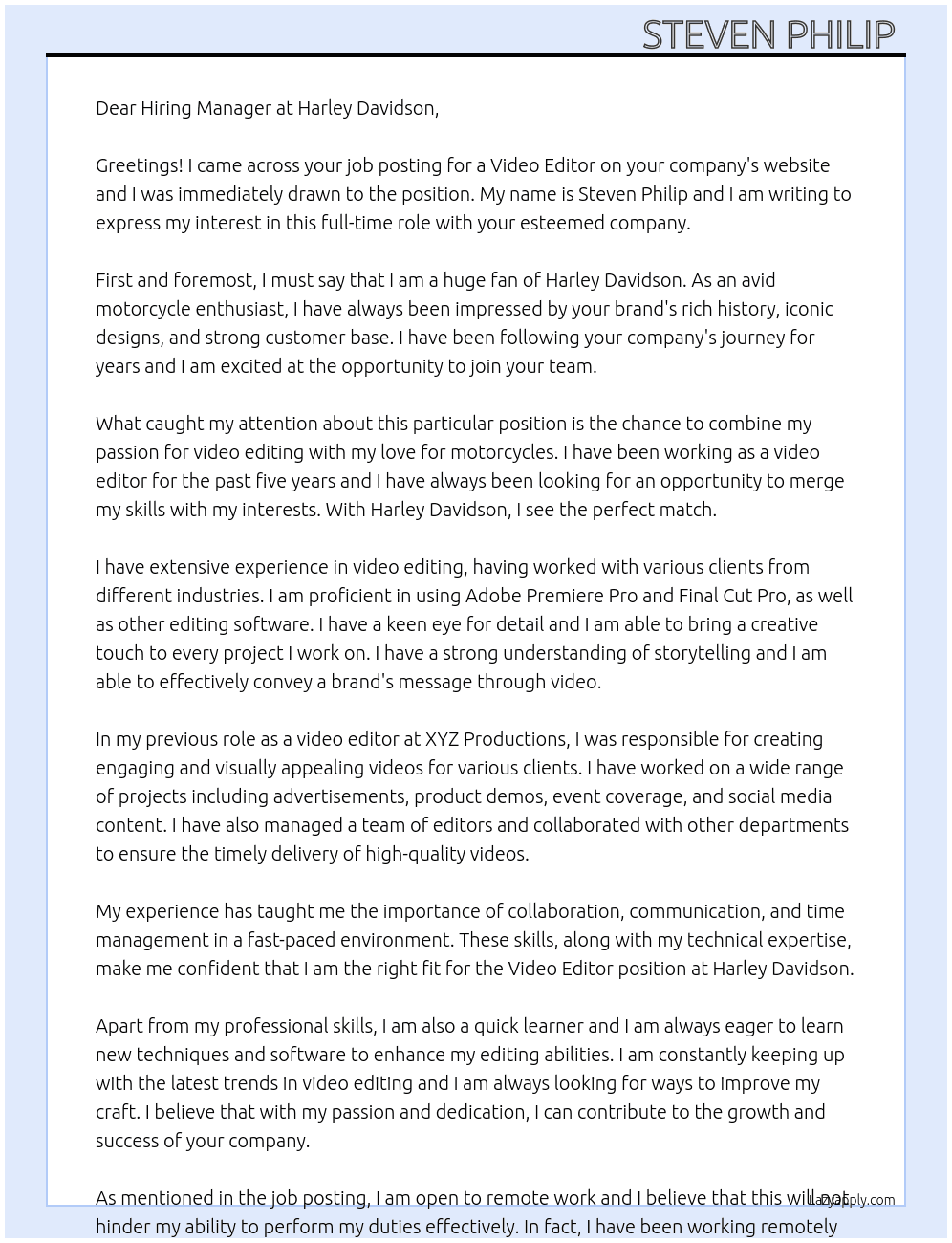 Video editor  At Harley Davidson  Cover Letter