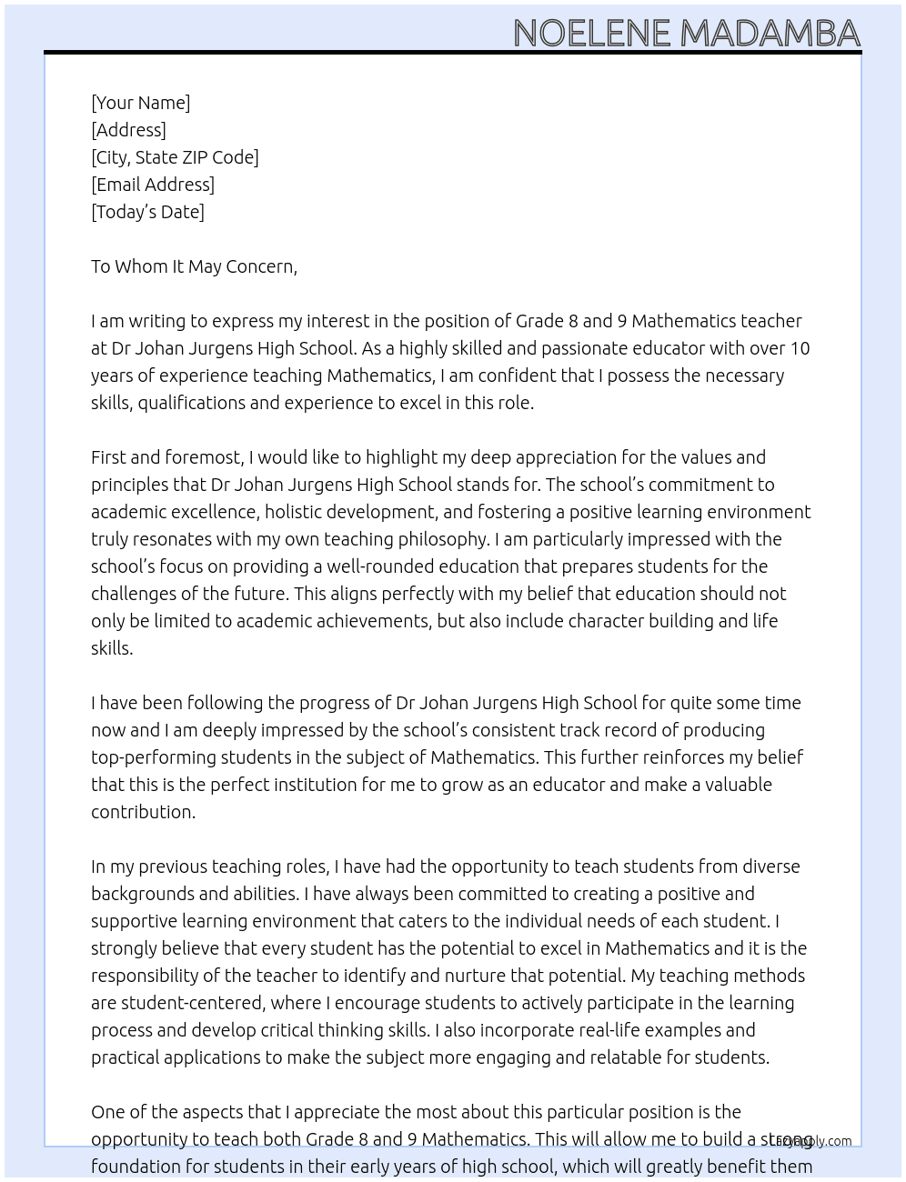 Grade 8 and 9 Mathematics At Dr Johan Jurgens High School Cover Letter