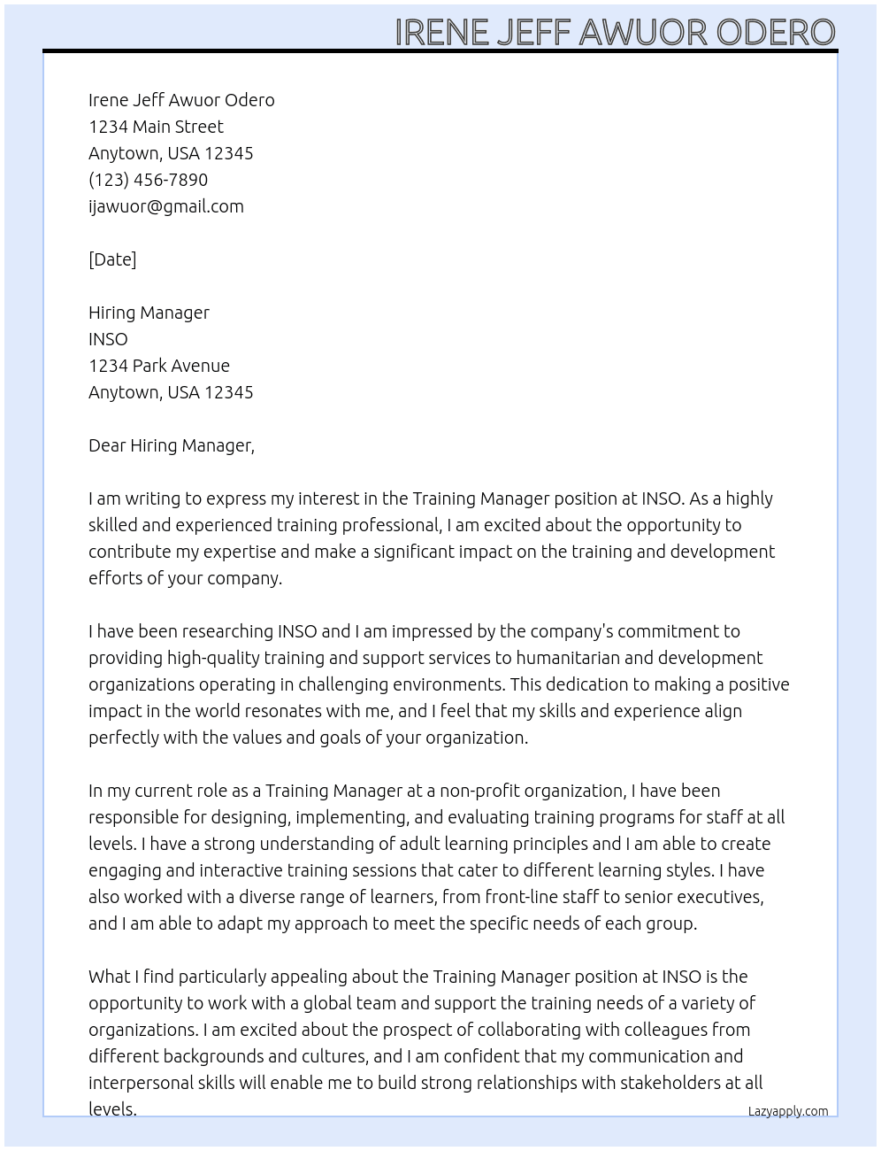 Training Manager At INSO Cover Letter