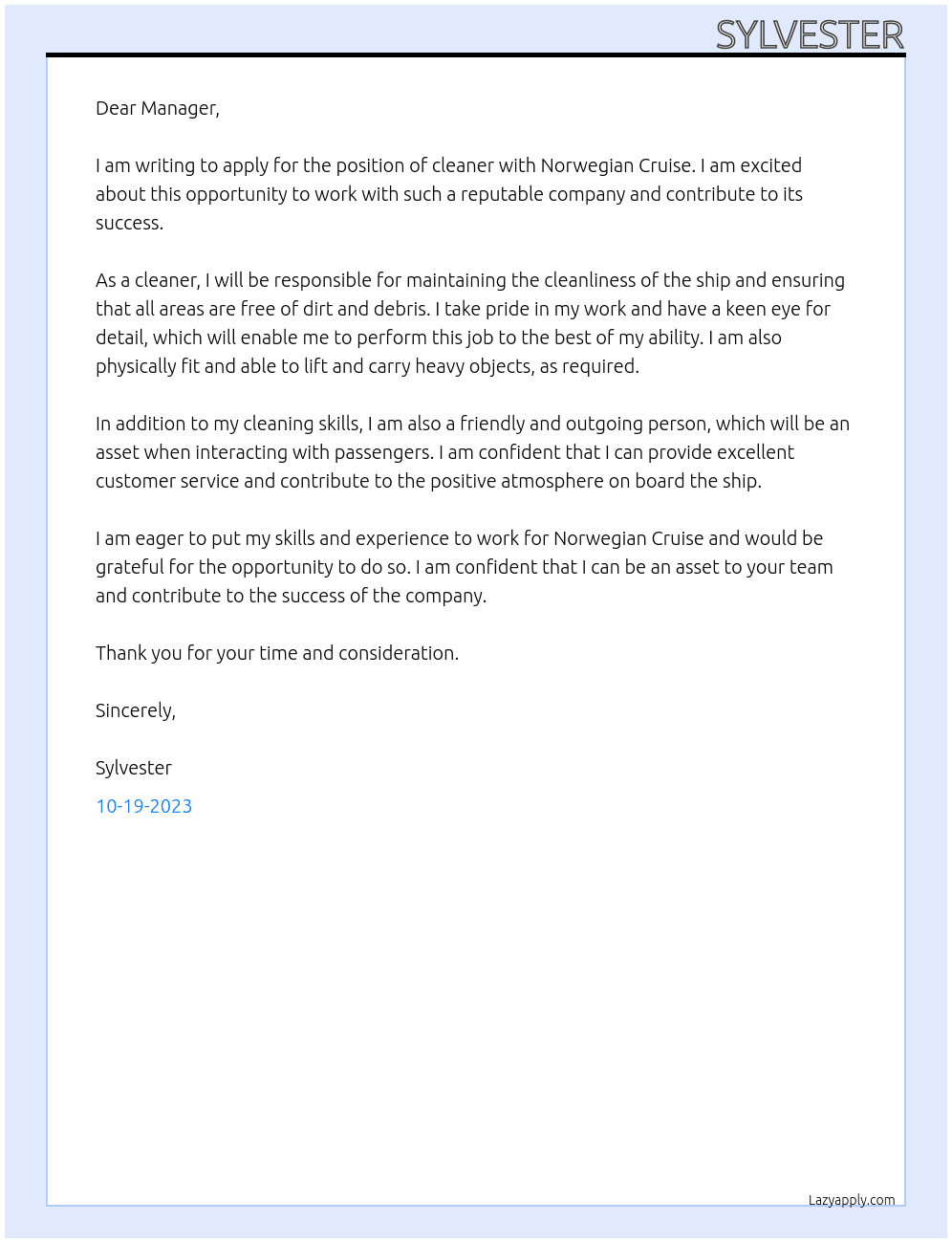 cleaner At norwagian cruise Cover Letter