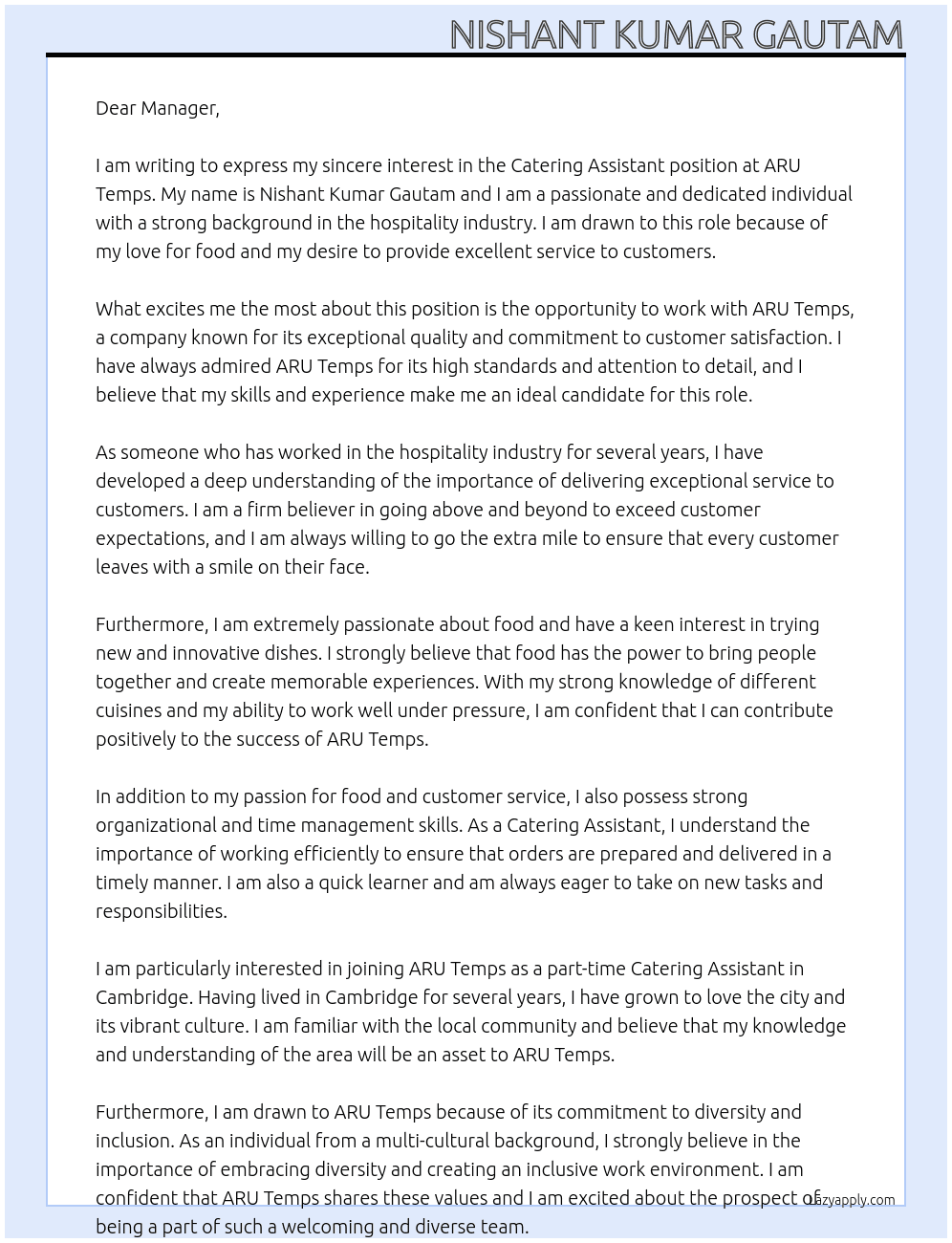 Catering Assistants At ARU Temps Cover Letter